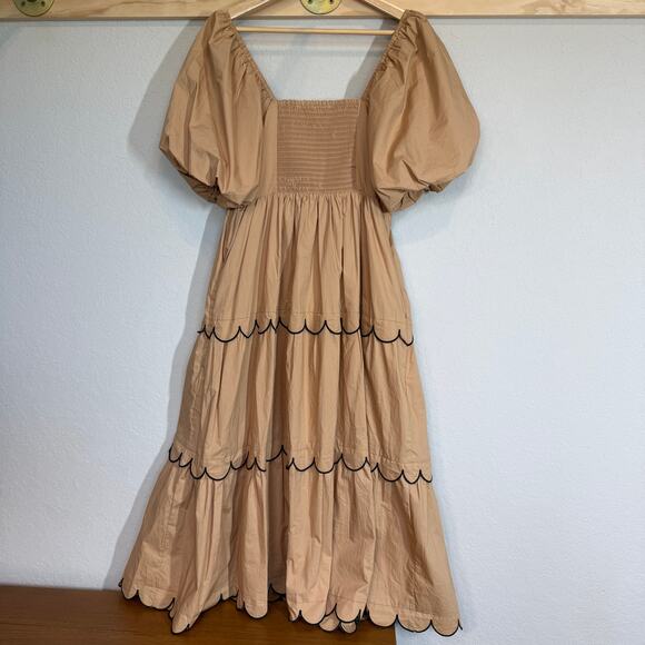 Women's English Factory Tan and Black Ruffle Tiered Smock Top Midi Dress Size S - Picture 7 of 9